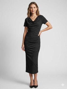 Michael Stars Lana Midi Dress Gray Cowl Neck Ruched Minimalist Chic Small